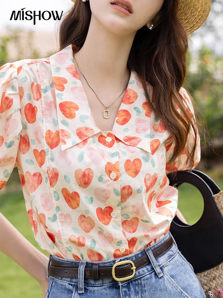 MISHOW Korean Chic  Fashion Women Stylish Blouses Summer French Sweet Retro Floral Polo-neck Puff Sleeves Tops MXB27C0450