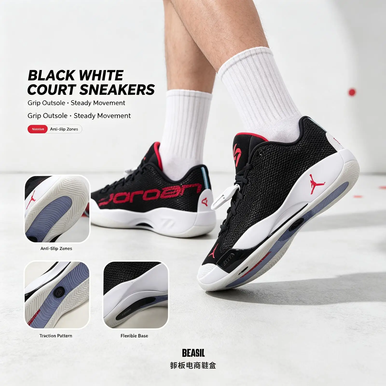 Nike Brandname Black White Red Court Sneakers Bold Contrast Low-Top Sports Shoes Smooth Upper Cushioned Non-Slip Casual Sneakers - view 3