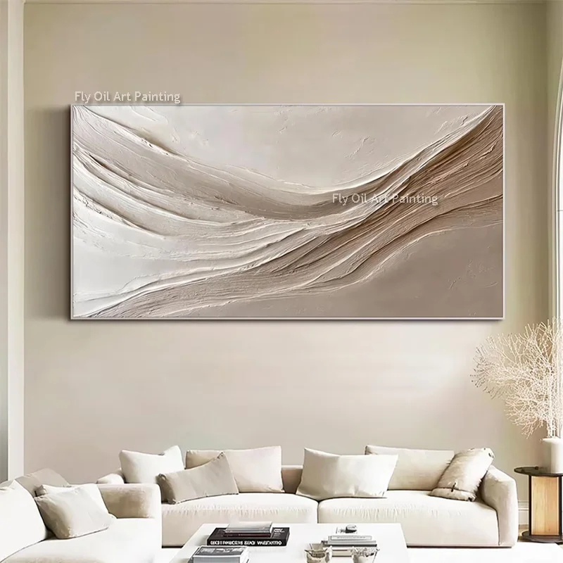 Handmade Simple Popular Design Artwork Beige Texture Canvas Thick Wall Art Large Pure White Oil Painting For Living Room Decor