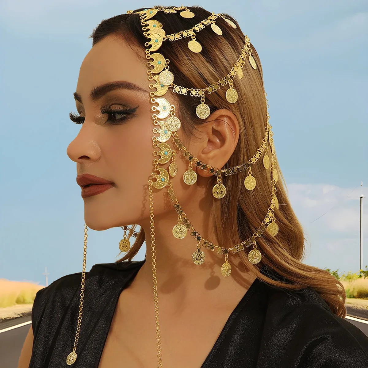 Dubai Arab Wedding Bride Headdress Golden Moon Coin Sequin Tassel Indian Head Chain Jewelry For Women Hair Accessories