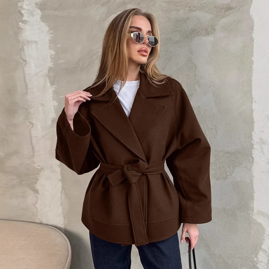 Winter loose women's coat fashionable retro strap brown woolen coat women's French commuting medium long woolen coat