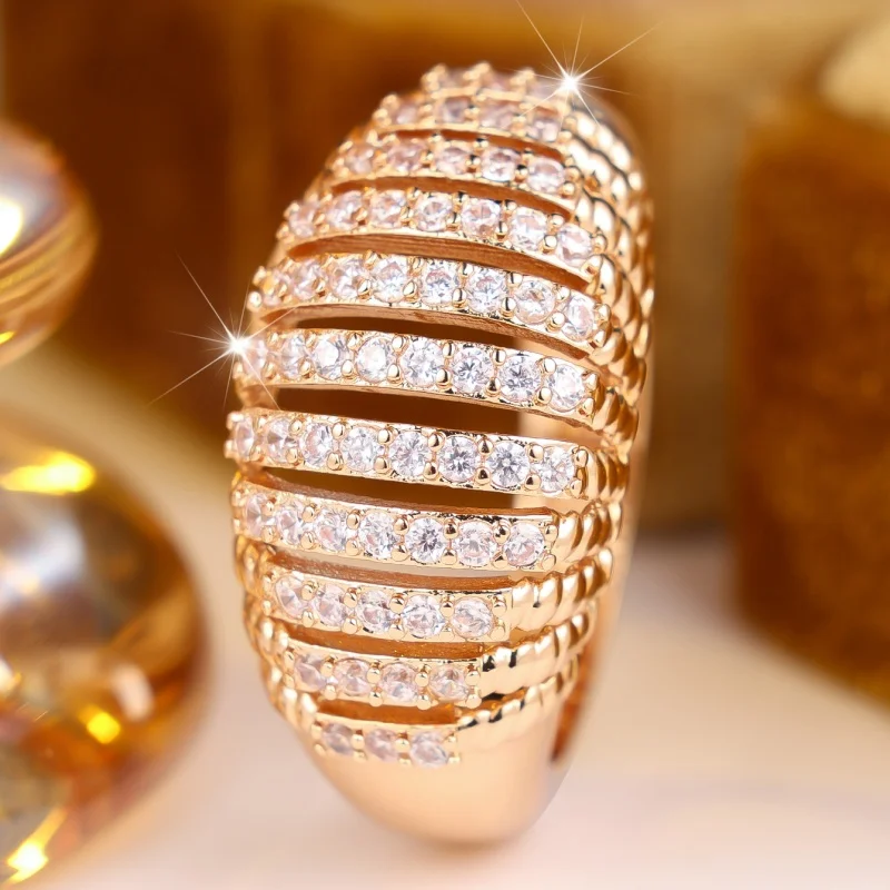 European and American Multi-layer Hollow Wide Ring, Light Luxury and Grand, Attending Banquets with Shiny Zircon Accessories