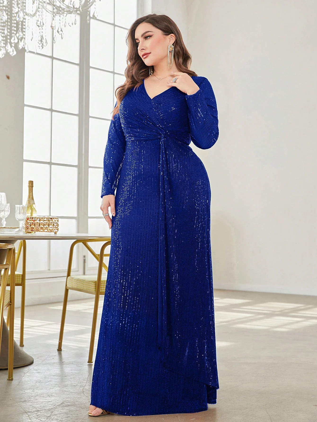 Plus Size Luxury V-Neck Long Sleeves Sequins Evening Dresses Women Elegant Party Maxi Cocktail Graduation Gowns image 4
