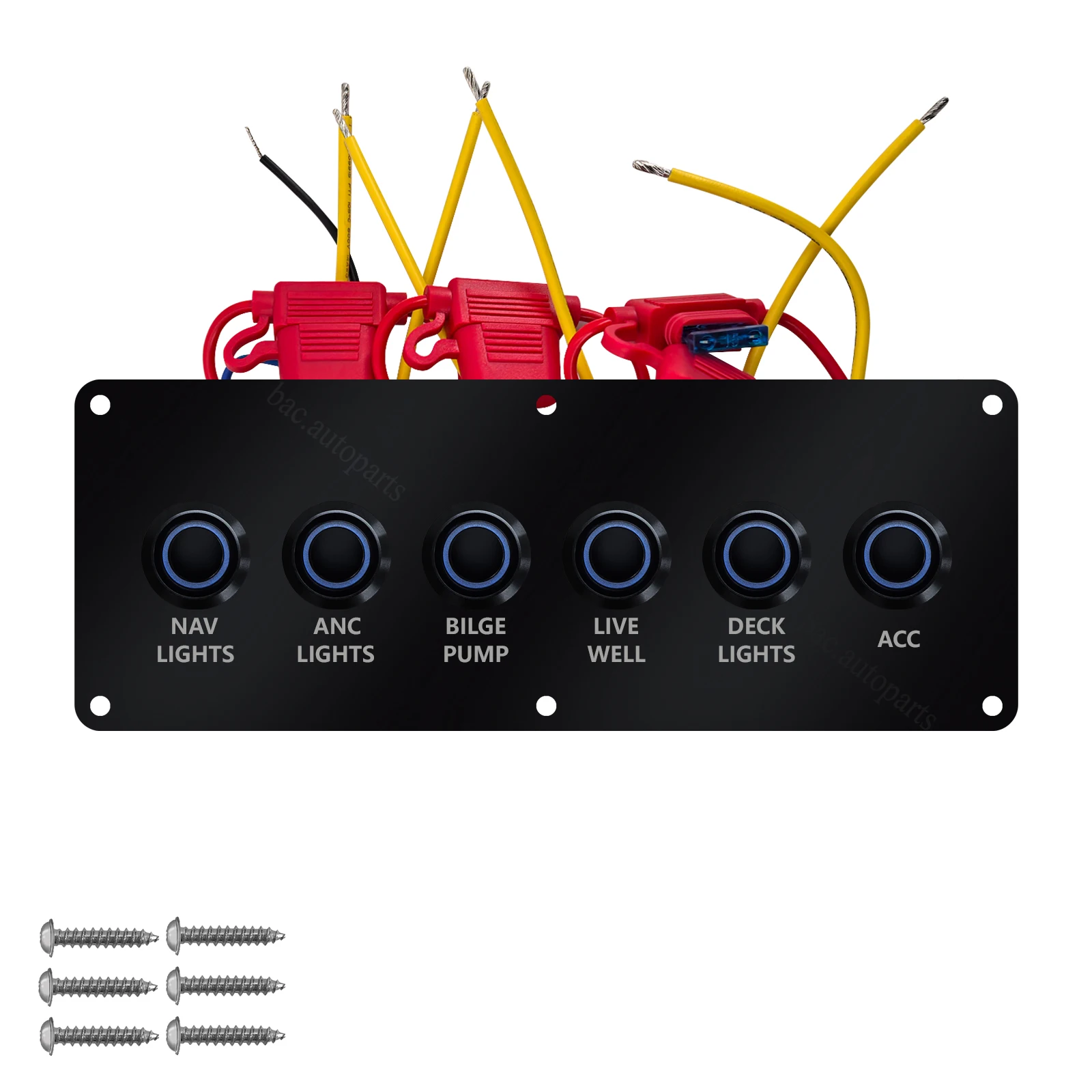 6 Gang Marine Switch Panel with Fuse Box Pre-Wired Waterproof Push Button Dashboard 12V-24V for Boat RV Jeep Camper Truck SUV