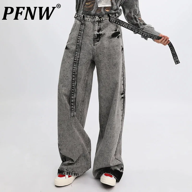 

PFNW Korean style vintage detachable ribbon jeans men's high street worn-out washed loose straight leg pants 2024 trendy 28W5300