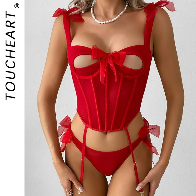 

Toucheart Lace Sexy Underwear Panty Solid Color Bow Knot Lace Up Skinny Plunge Hollow Out Premium Romantic Interesting Lingerie