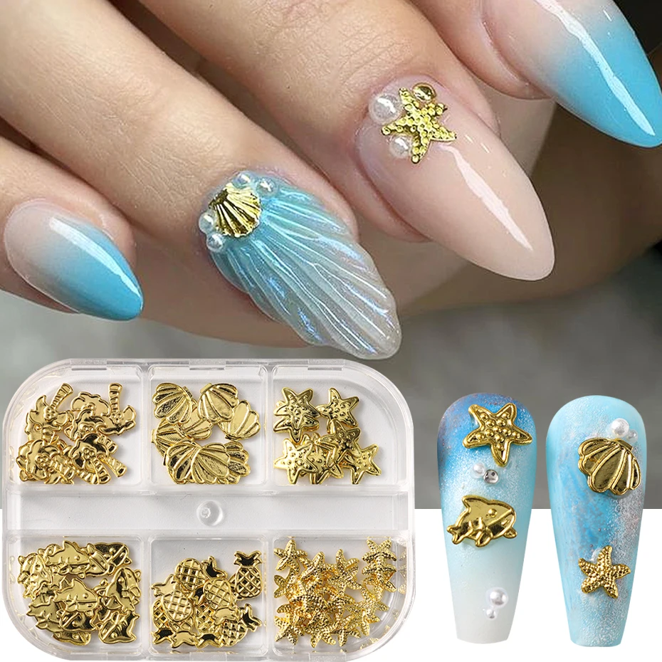 

6Grids Luxury Nail Charms Ocean Shell Starfish Hawaii Design Gold Metal Jewelry Coconut Dolphin Figures Manicure Art Accessories