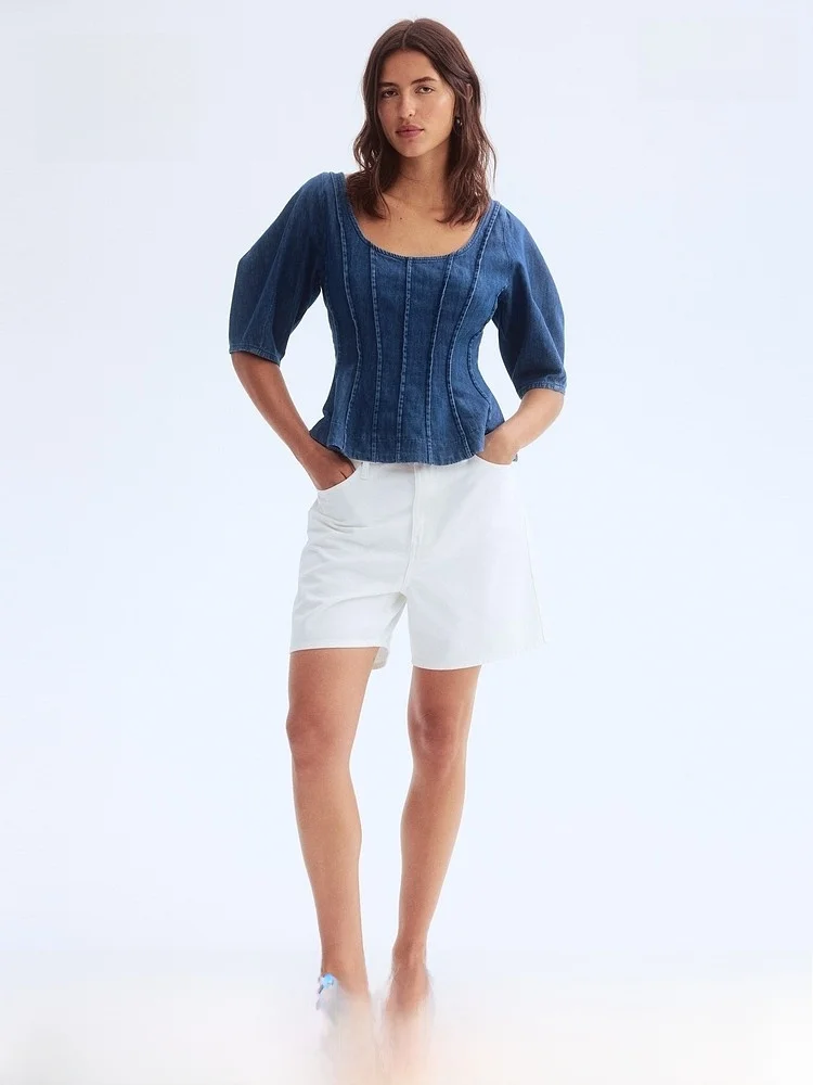 

Faionable Ballet Collar Skirt Sle Denim irt Women's irt Slim Fit Regular Sve Length Cotton 00% Spring Season