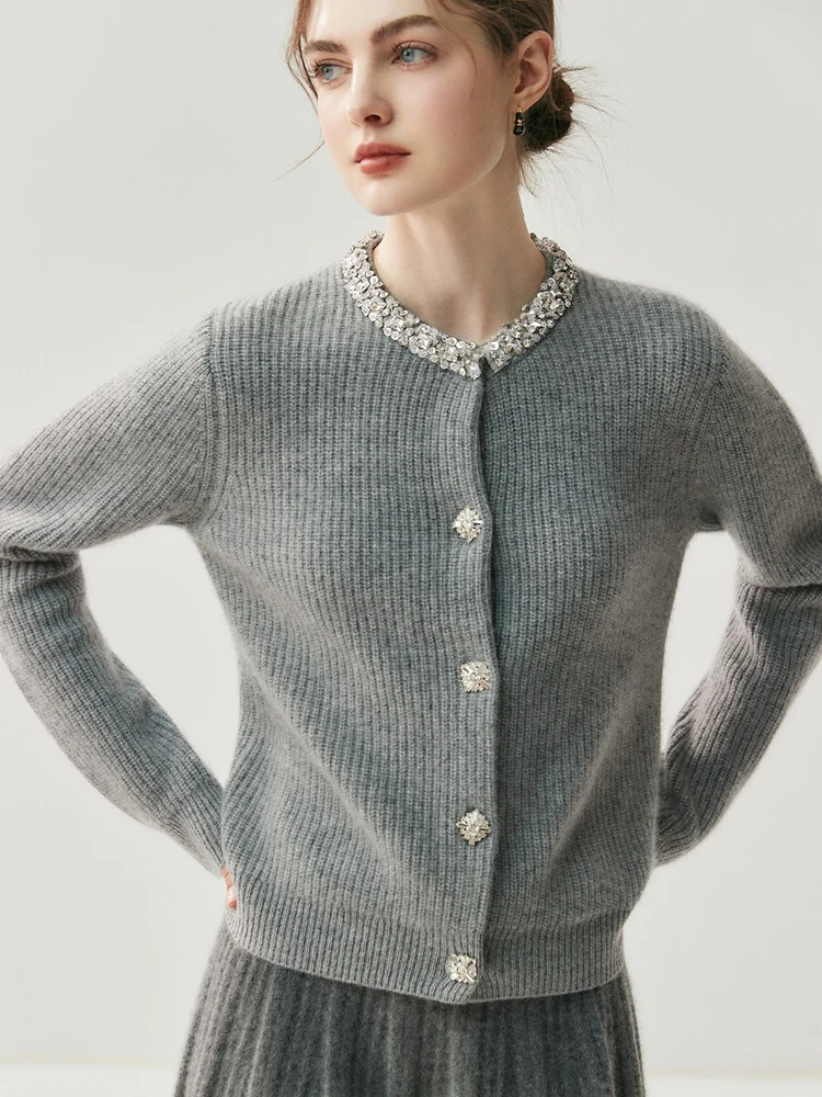 TLOML Luxury Women's 100% Cashmere Sweater O-neck Beading Collar Diamond Buttons Cardigan Autumn Winter Soft Office Lady Clothes