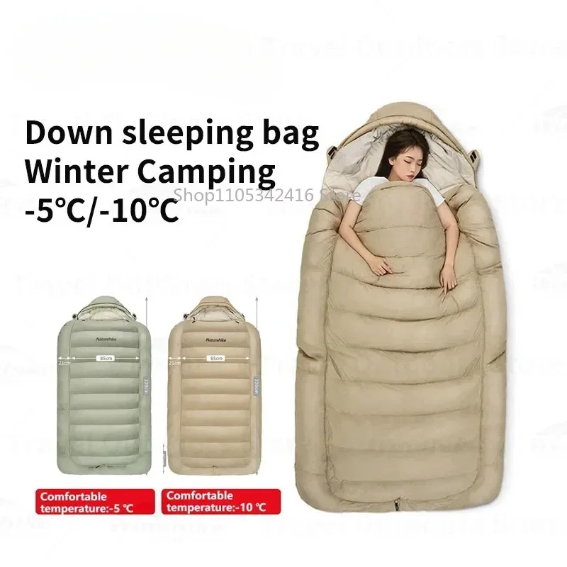 Portable Winter Duck Down Sleeping Bag Waterproof Envelope Style with Warm Hat for Outdoor Camping Travel