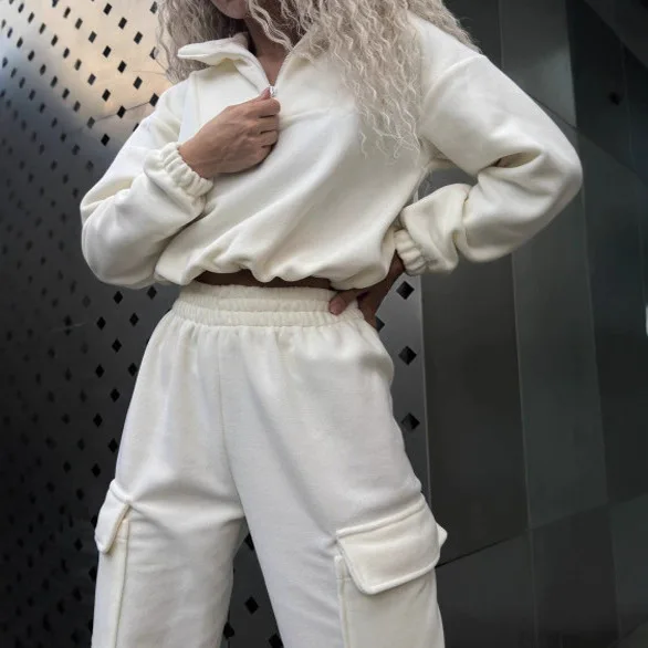 Set Celana dan Sweatshirt Wanita Kasual Longgar dengan Kerah Resleting dan Saku untuk Musim Semi, Gugur, dan Dingin, Pakaian Modis untuk Wanita