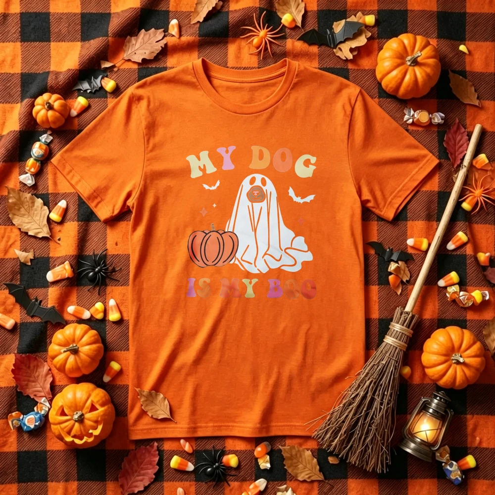 2026 My Dog Is My Boo T Shirt Men Black Short Sleeve Halloween Ghost Dog Graphic Tee Crew Neck Cute Pumpkin Casual Summer Top