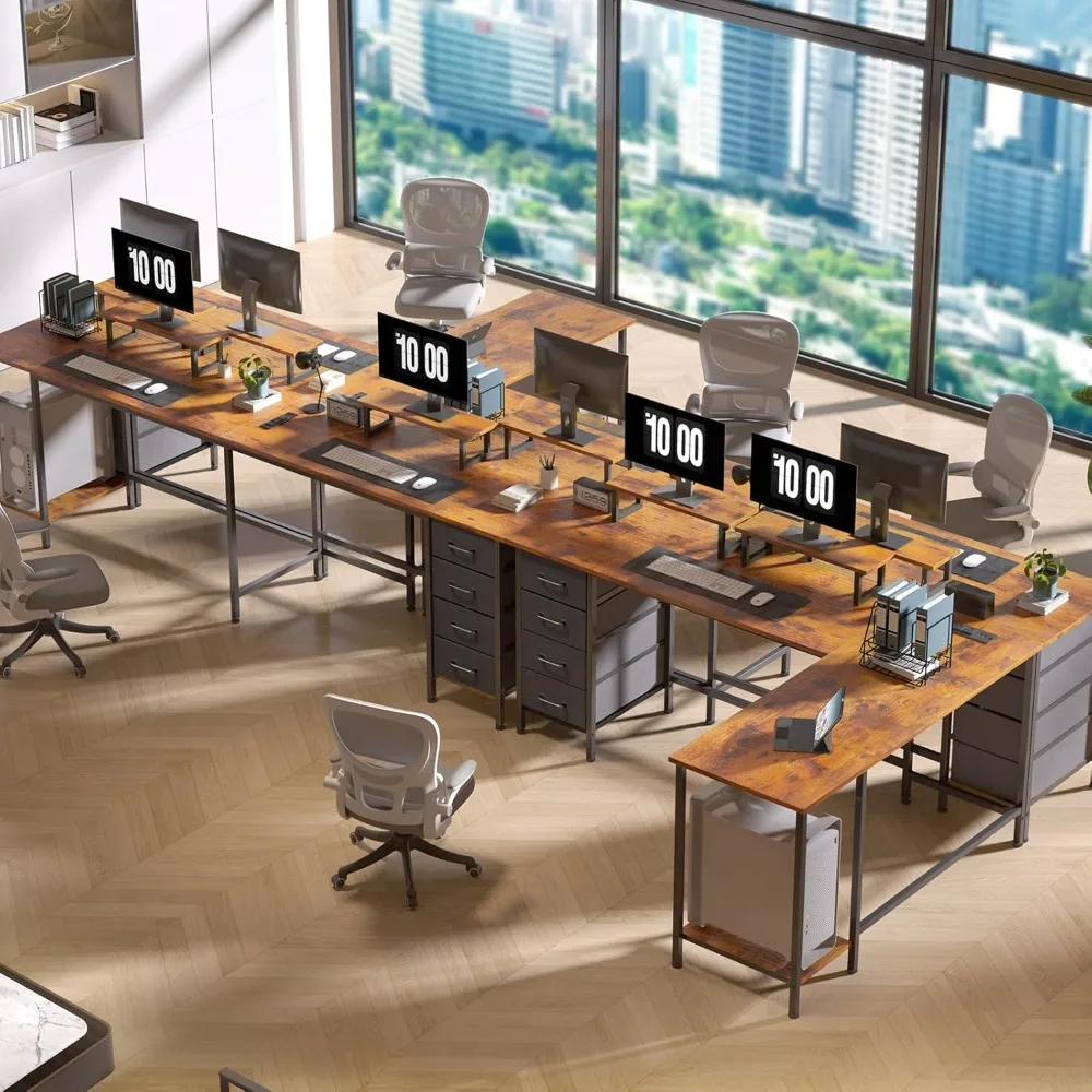 Компьютерный стол L-образной формы с розетками, стол для домашнего офиса, 4 регулируемыми ящиками и 2 подставками для монитора