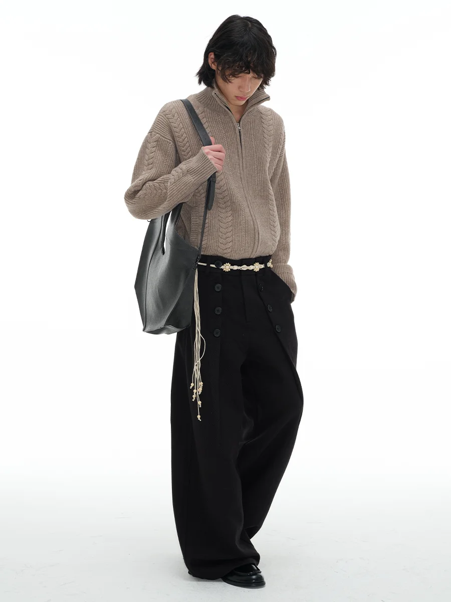JCAESAR Button Pants with 12 Resin Buttons Woolen Fabric Pleated