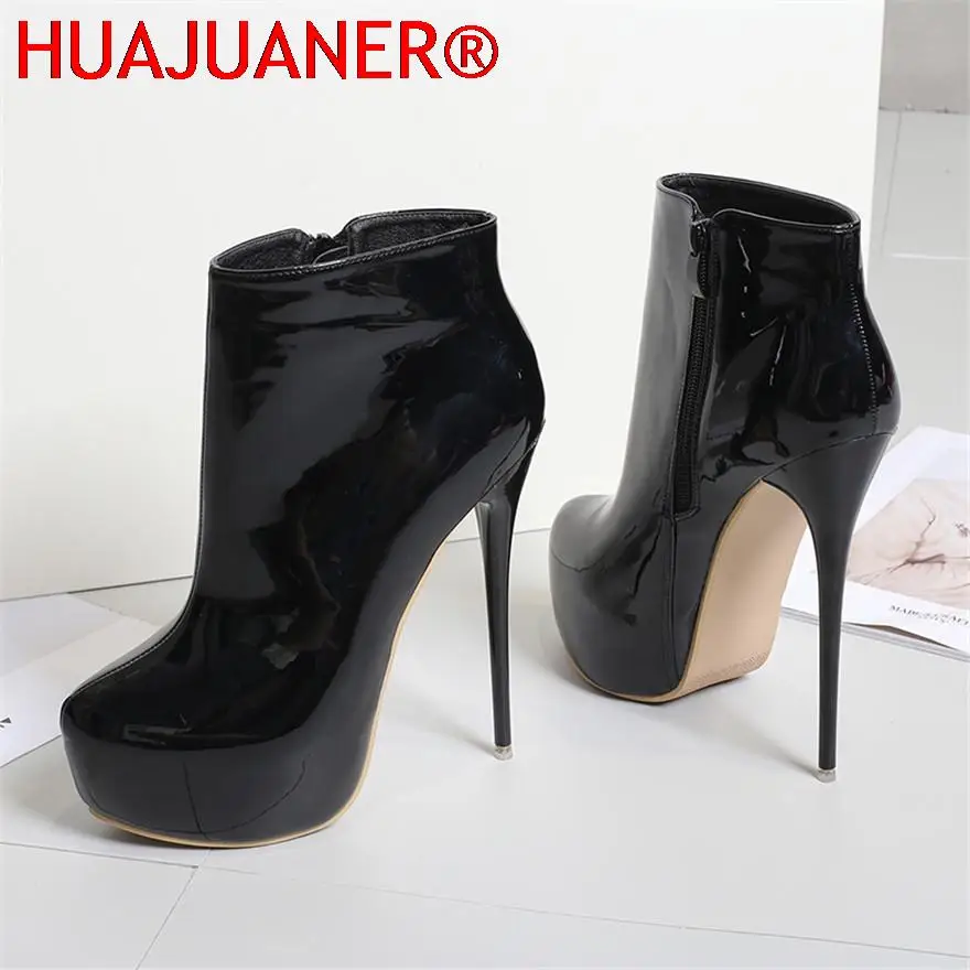 Big Size 35-47 Patent Leather Women Boots Round Toe Side Zipper Super High Heels 16CM Pumps 2023 Sexy Platform Party Shoes Woman