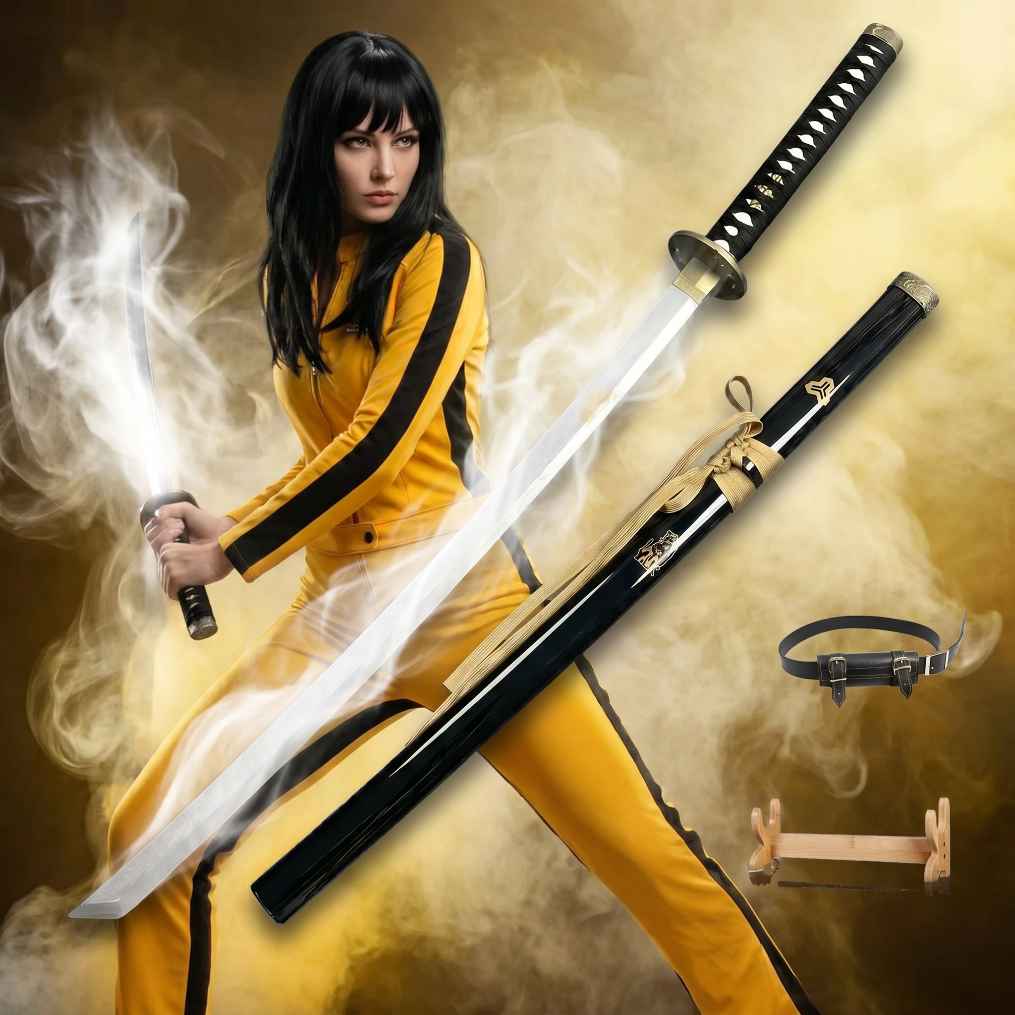 41 Zoll Kill Bill Bride Smoke Katana Schwert Säbel Klinge Ninja Messer Ungeschärft Cosplay Requisite Ausstellungsstück Schwertständer Gürtel Geschenkset