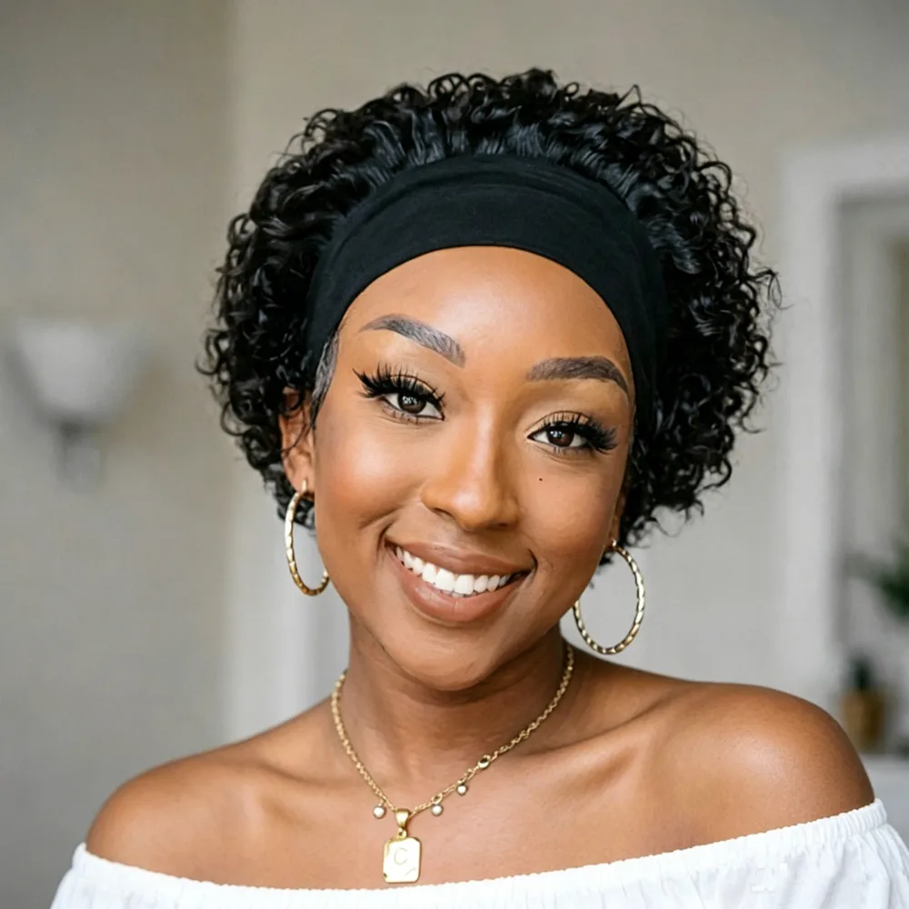 

headband wig 6inch machine made natural black color short curly pixie cut human hair wigs 150% density hair for women