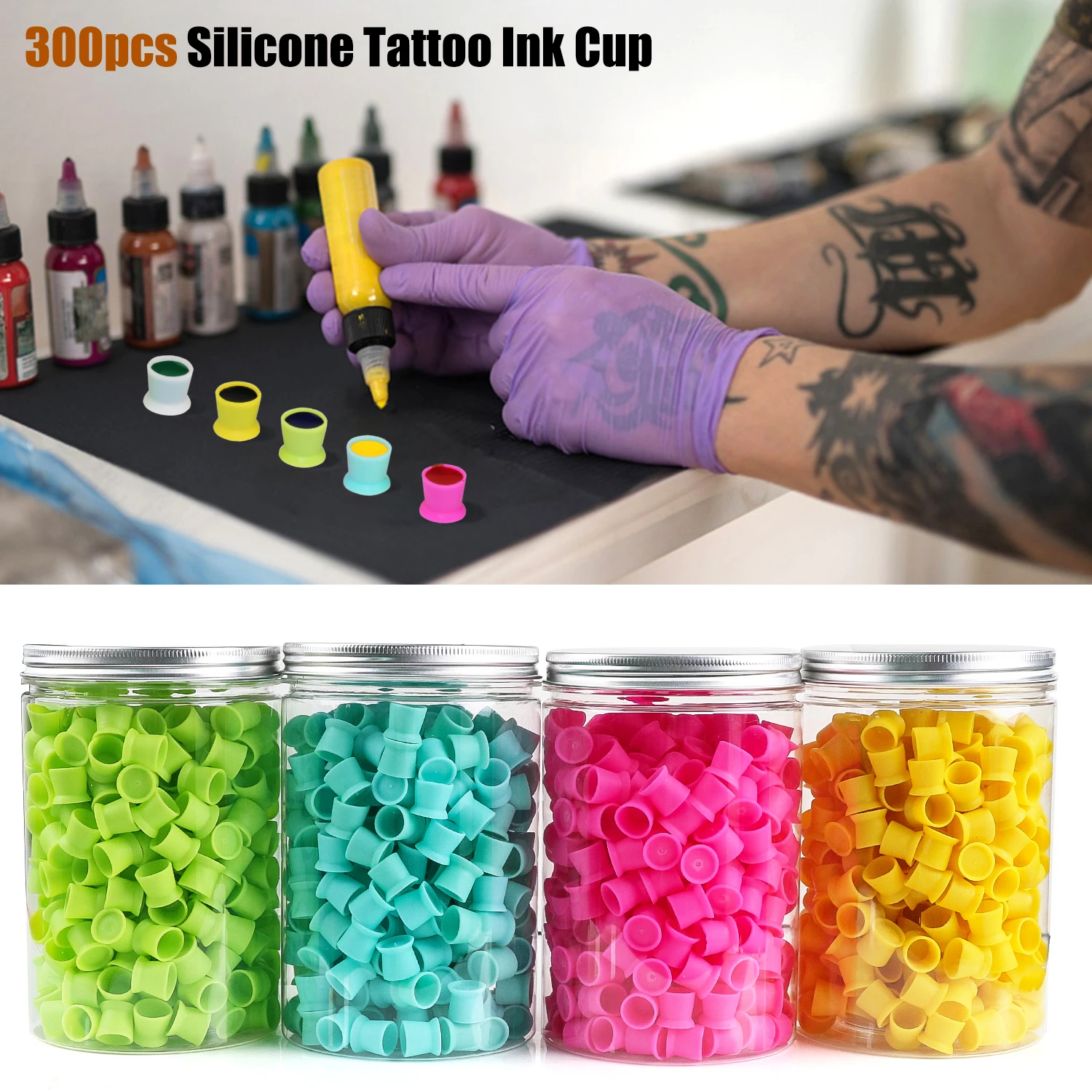 300Pcs Silicone Tattoo Ink Cups with Base Disposable Round Pigment Cups for Permanent Makeup Tattoo Supplies