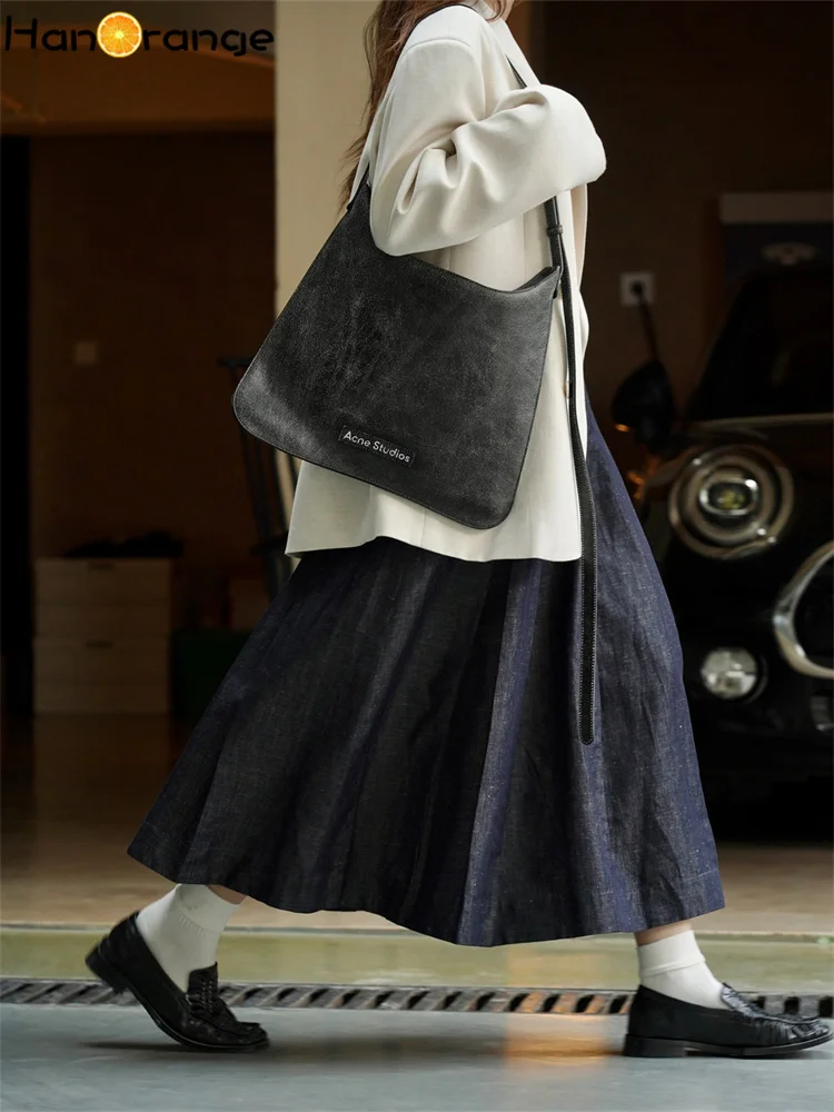 HanOrange 2024 Spring Retro Casual Cotton Linen Texture Half Skirt High Waist Slim Midi Skirt Navy Blue