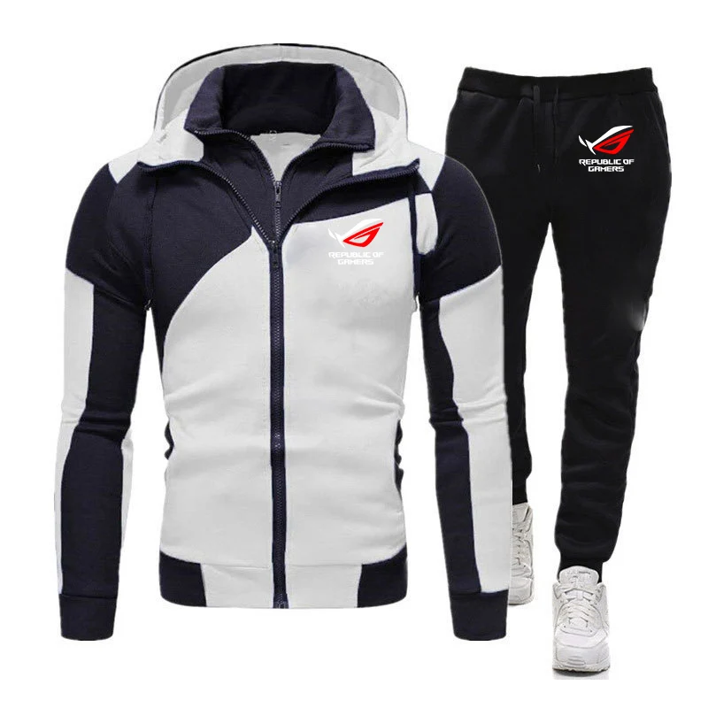 2025 Spring Autumn Men ROG Republic Of Gamers Print Fashion Hooded Tracksuit Splicing Hoodies+Casual Solid Color Sweatpants Sets