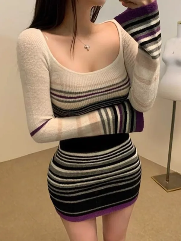 

ZILIHUA Dongda Gate New Style Sexy U-Neck Waist-Baring Striped Knit Sweater Short Skirt Women's Fashion Set Long Sleeve Crew ...