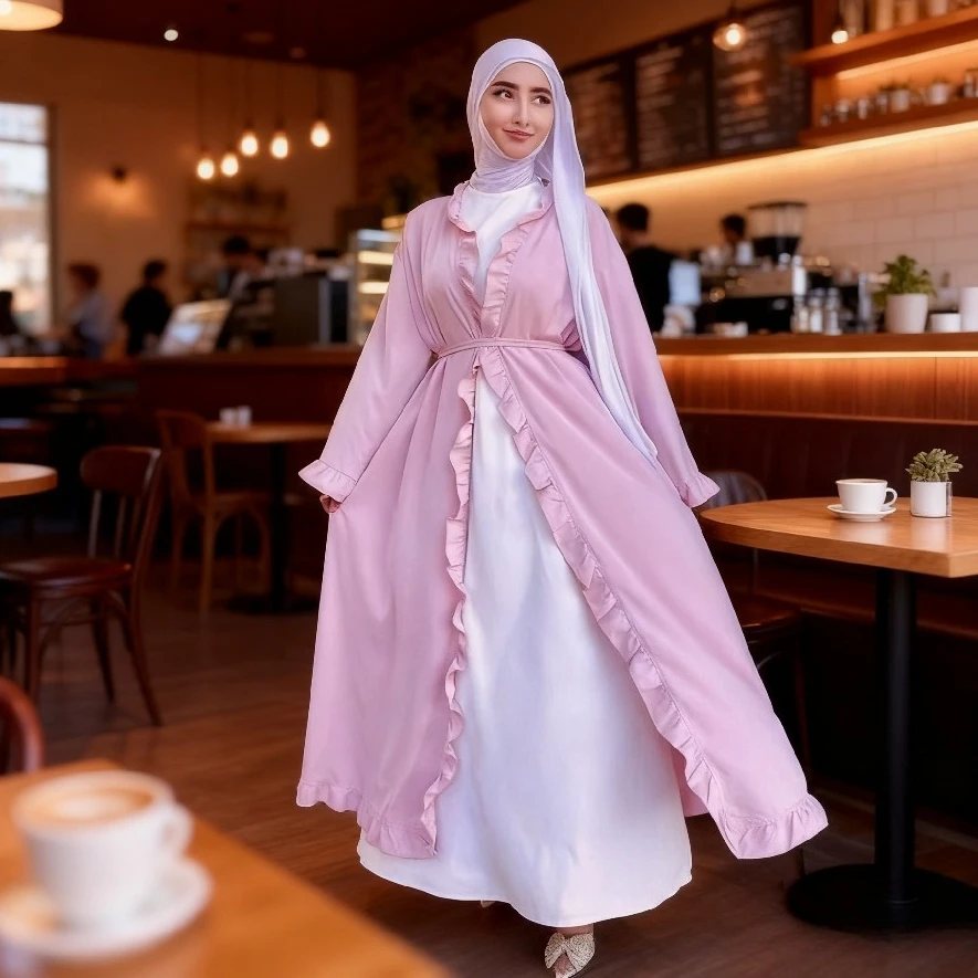 

Ид женское мусульманское открытое платье Абая Рамадан Джалабия с рюшами Дубай длинный халат кардиган марокко кафтан ислам Vestidos Largos 2026