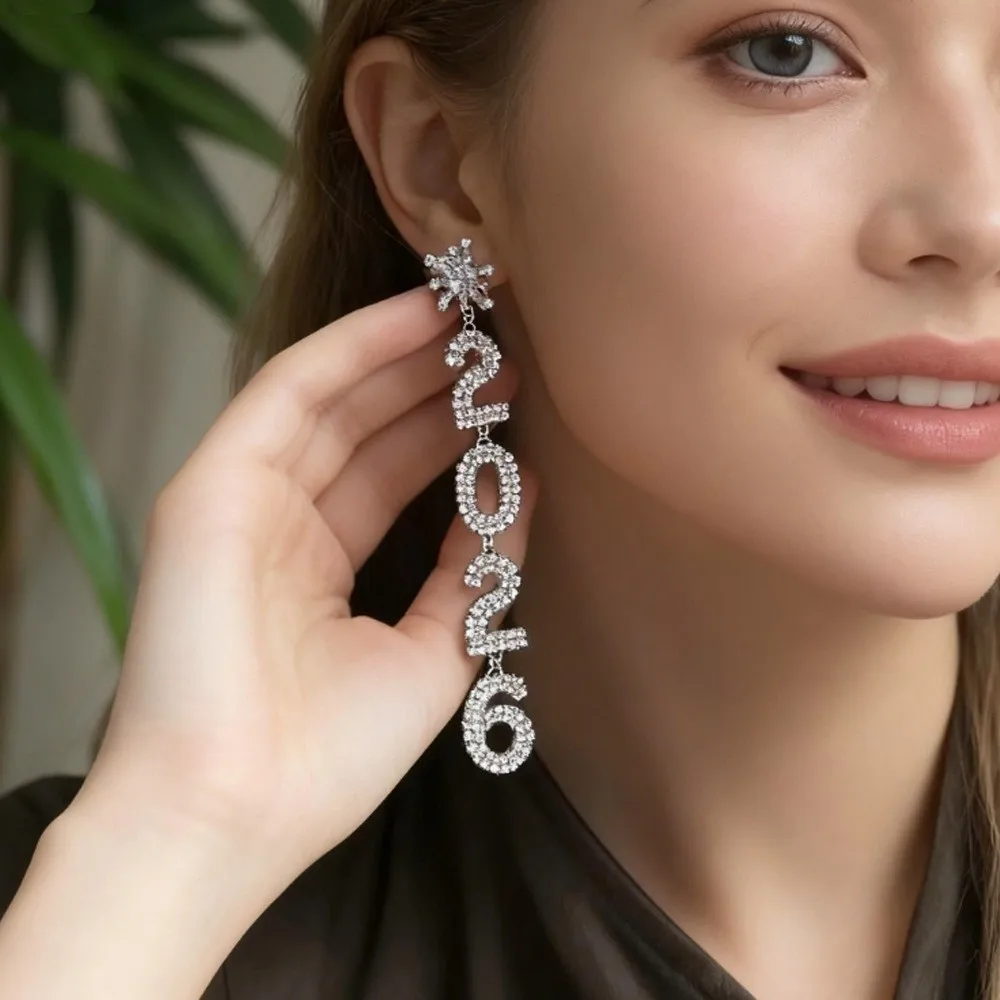 الجمالية 2026 أقراط مجوهرات حجر الراين سنة جديدة سعيدة أقراط لامعة ندفة الثلج كريستال أقراط الحفلات قلادة الفتيات #2