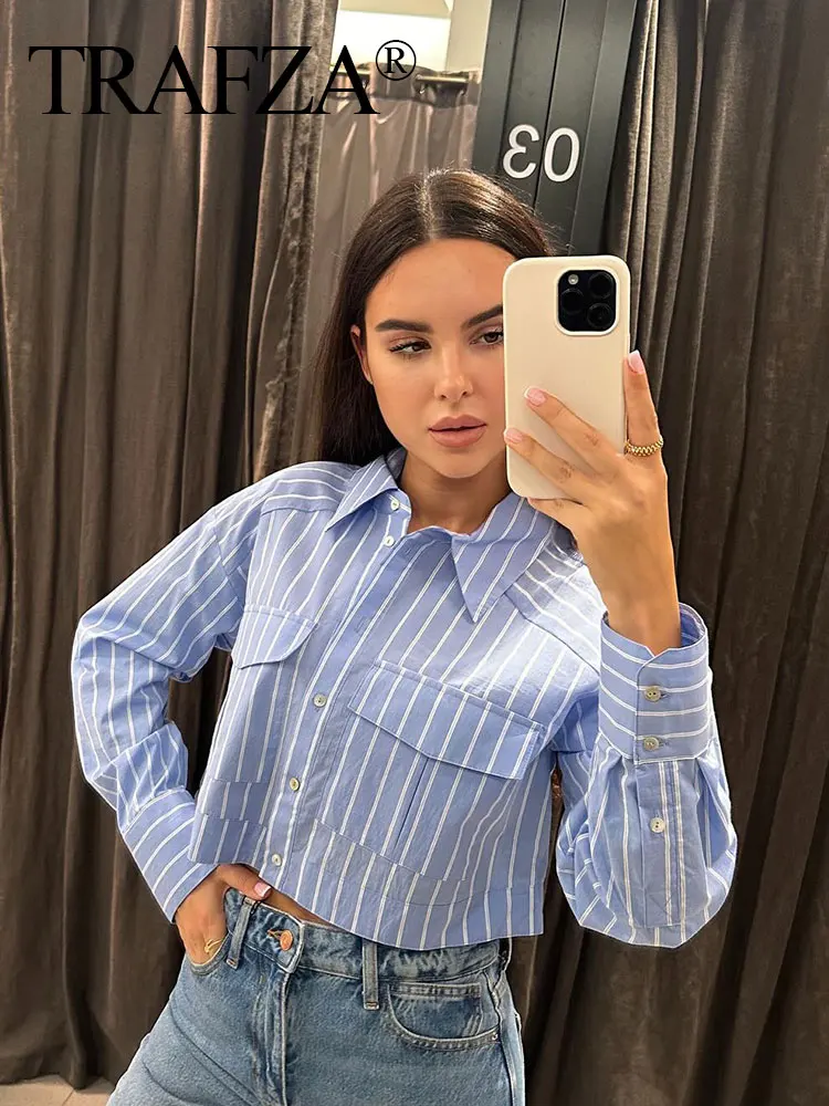 TRAFZA 2024 Summer Causal Striped Blouse For Women Long Sleeve Lapel With Front Pocket Single Breasted Shirt Elegant Cropped Top