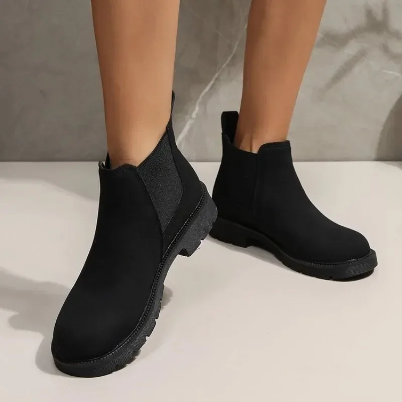 Women Botas Shoes Suede Ankle Boots Chelsea Black Boots Chunky Low Heel Female Autumn Fashion Platform Slip on Booties Mujer