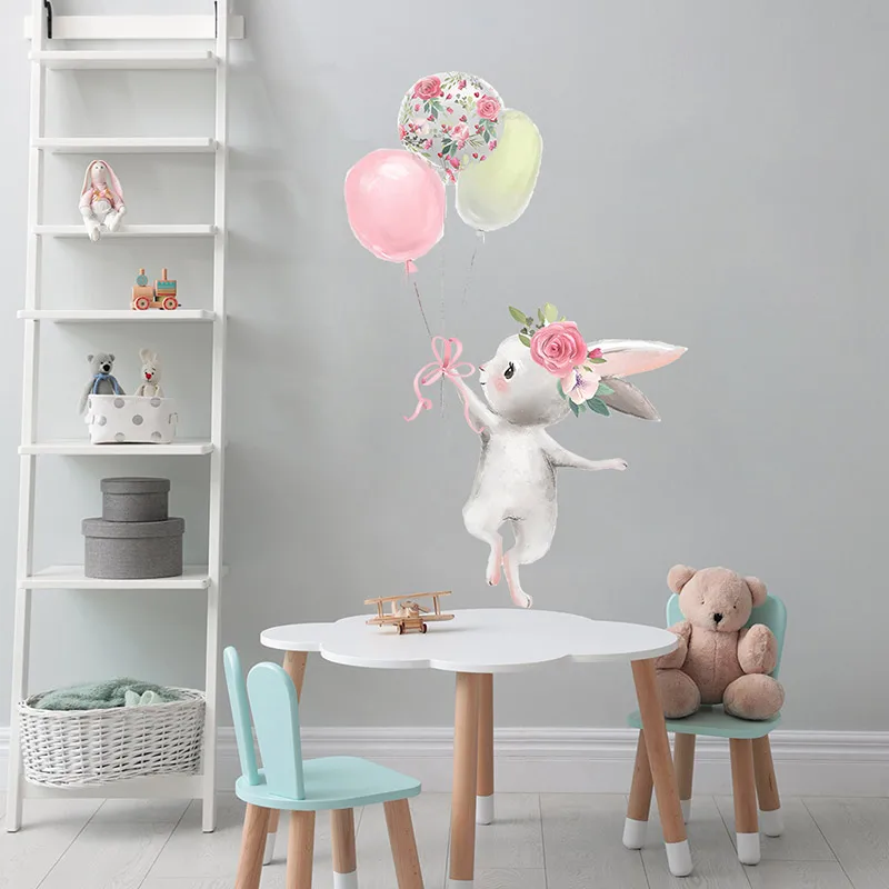 Cute Flower balloon Bunny PVC Wall Stickers for Girls Room Decor Eco-friendly Kids Wall Decals Wallpapers for Home Decoration