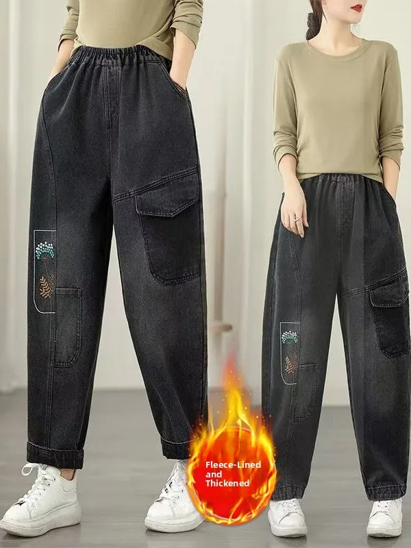 

Winter Thiened Fce Women's Loose Casual Harajuku Dad Jeans Artistic Print l Waist Medium Softn Daily Wear
