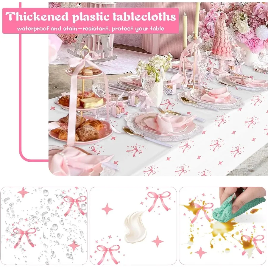 2 Pcs Pink Bow Table Cloths 54 x 108 Inches Waterproof Stain Resistant Perfect for Baby Showe Birthdays Weddings and More