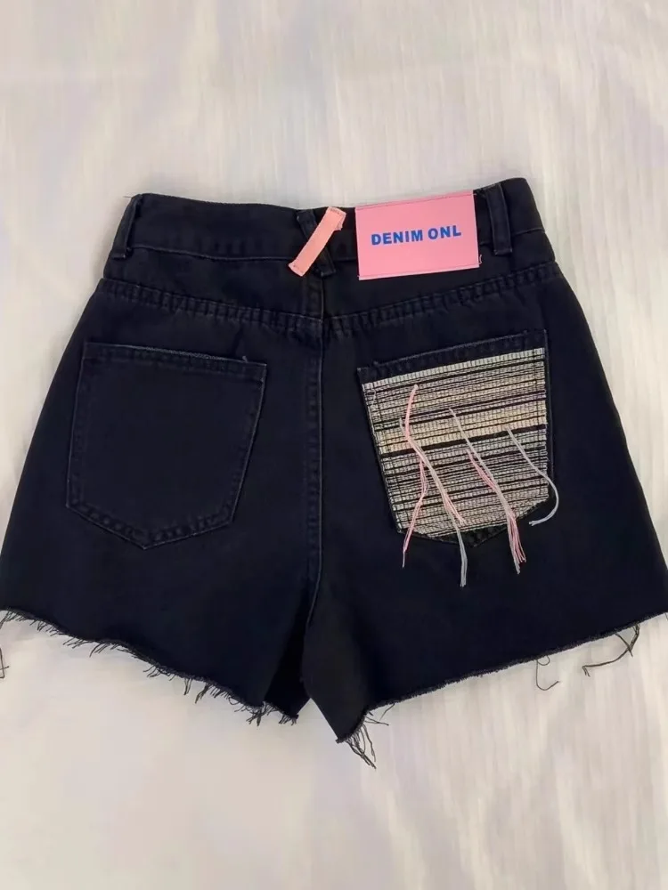 Damskie letnie cienkie jeansy z wysokim stanem, w kształcie litery A, duże rozmiary, dla puszystych pań, szerokie nogawki, haftowane, z frędzlami, krótkie spodenki.