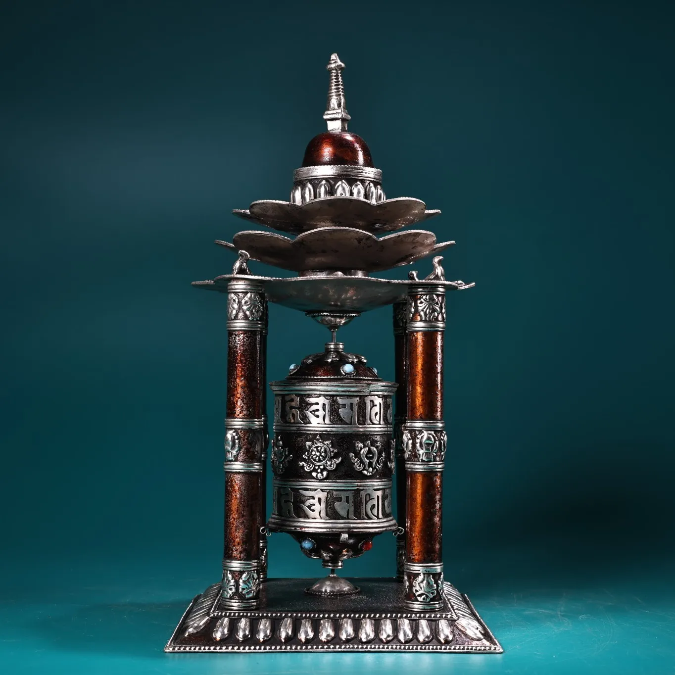 

10"Tibetan Temple Collection Old Bronze Cinnabar High Float Six Word Proverbs Lotus Flower Prayer Wheel Worship Hall Town house