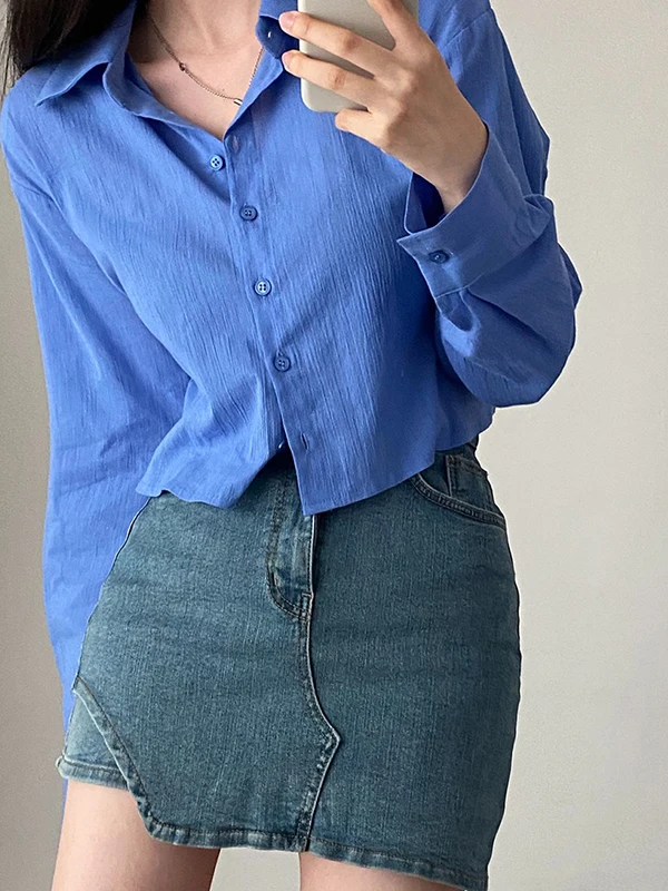 Chic Summer Long Sve Women's Chiffon irt ort Sle Ba Strap Design Sun Protection Straight Cut Pure Color Button Clo...