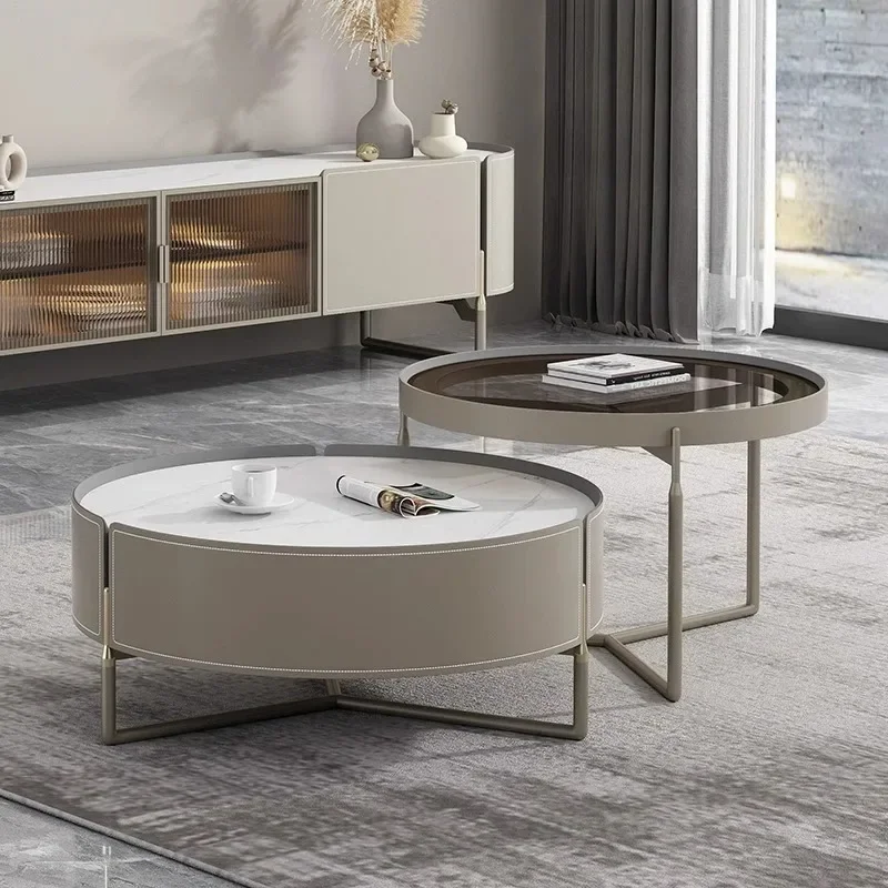 

Легкая роскошная современная простая каменная тарелка, седло, кожаный чайный столик, размер, круглая стеклянная маленькая квартира