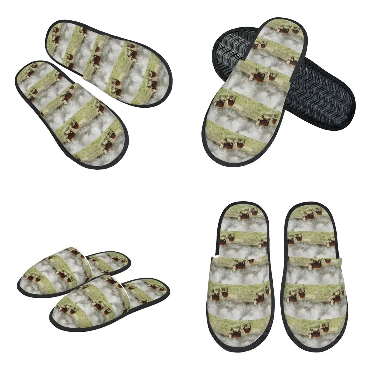 Custom Hereford Bull And Cow Watercolour Photograph Slippers Memory Foam Warm Soft Women House Slipper Indoor Comfy Shoes
