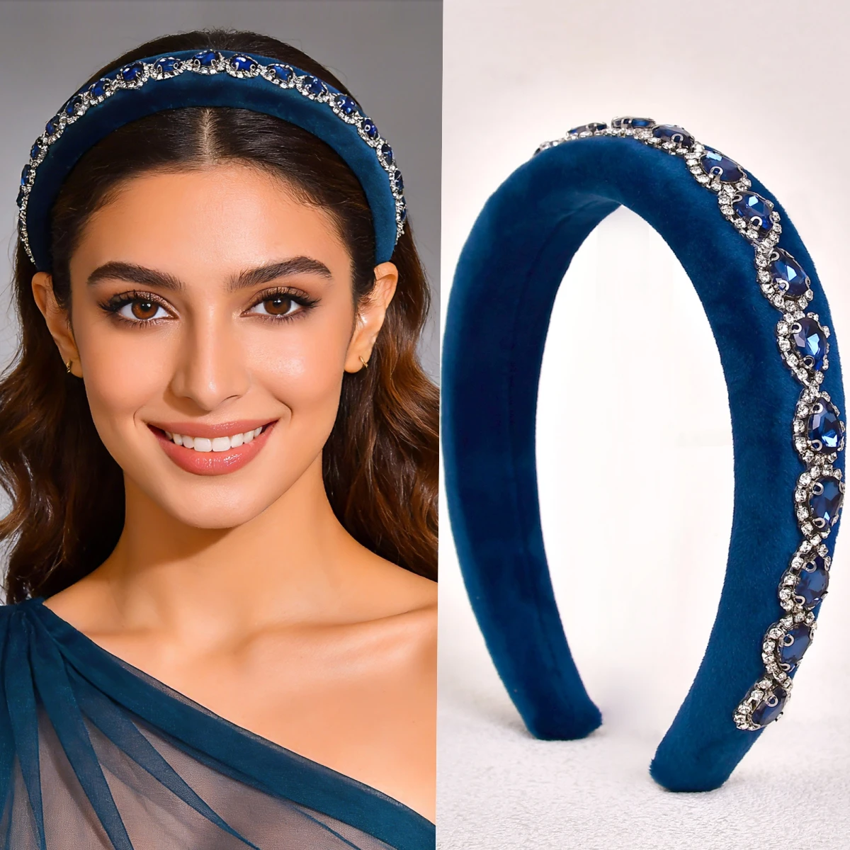 

Korean Rhinestone Sponge Headband, Women's Vintage Solid-Color Velvet Hair Accessory Sponge Hairband Wide Headband SA19