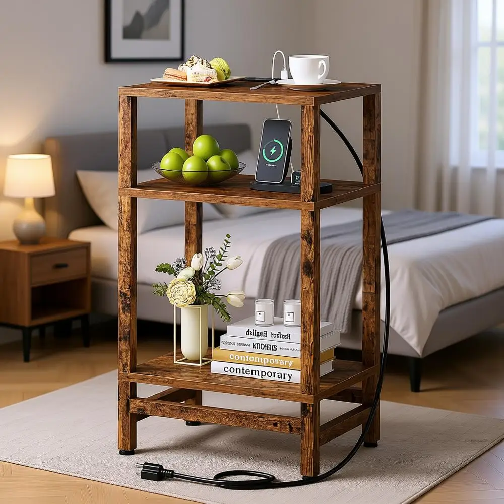 

3-Tier Charging End Table with USB & Type-C Ports for Small Spaces - Ideal for Living, Bedroom, Office
