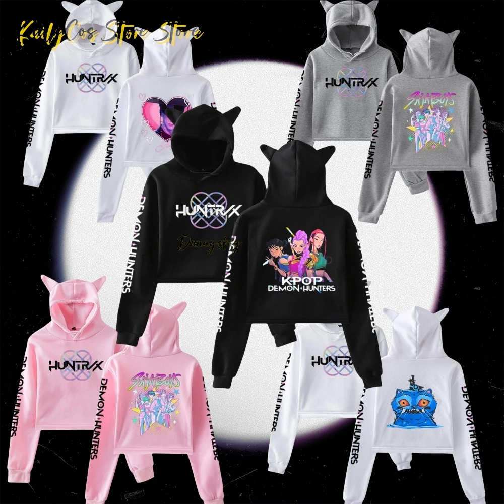 

KPop Demon Косплей Аниме Huntrix Sajaboys Костюм Fanart Укороченная толстовка с кошачьими ушками Повседневная толстовка Jirai Kei для девочек на Хэллоуин