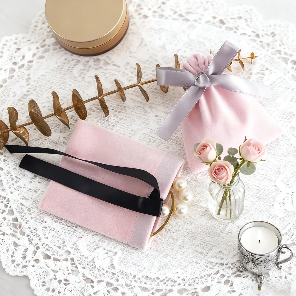 

10 шт., розовая плотная бархатная сумка для ювелирных изделий с лентой, подарочная упаковка для хранения, свадебные сувениры, дорожный карман на шнурке для конфет