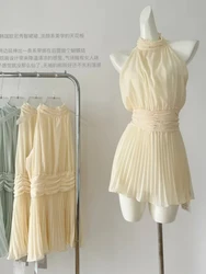 Summer French Vintage Mini Dress Old Money Women Sleeveless Pleated Frock One-Piece Evening Party Elegant Prom Gown Banquet Tide