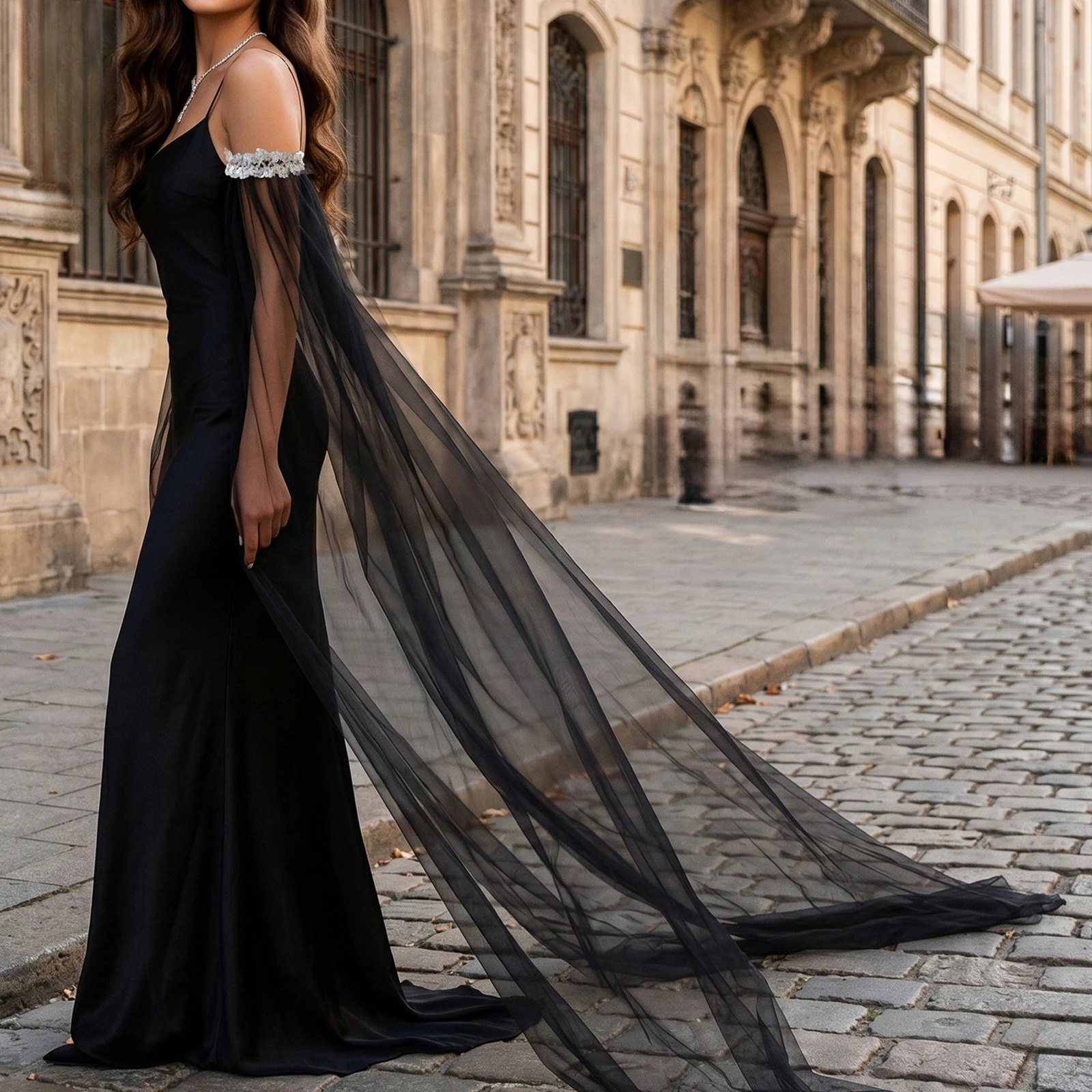 Black Mesh Long Trailing Tulle Arm Sleeves for Bride Sparkling Glitter Arm Cover Decor Accessory