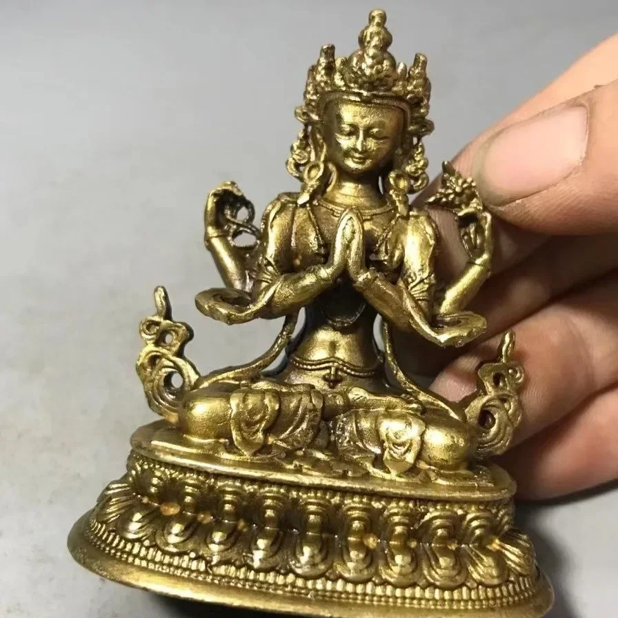 Chinese pure brass four arm guanyin small statue