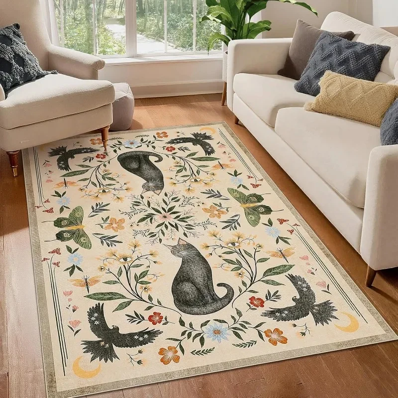 VIKAMA Boho Black Cat & Floral Area Rug, Non-Slip Whimsical Animal Print Floor Carpet for Living Room & Bedroom