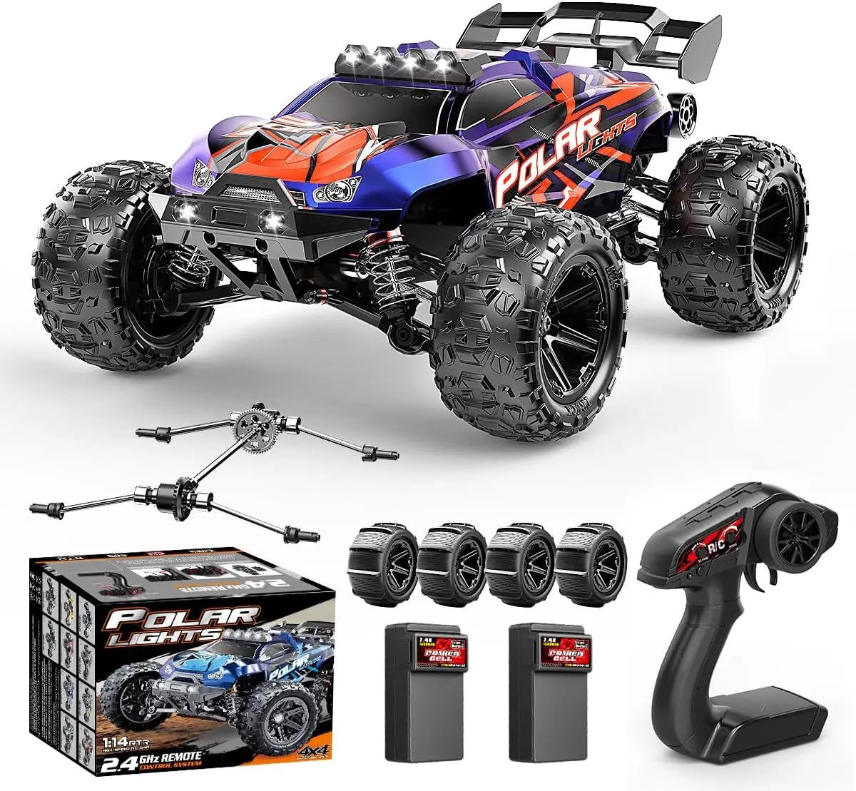 1:14 Scale 4WD All Terrain Off-Road RC Truck, 40+ KPH Fast Remote Control Car, Waterproof 4x4 Vehicle with 2 Rechargeable 1300mAh Batteries and 2 Sets of Tires