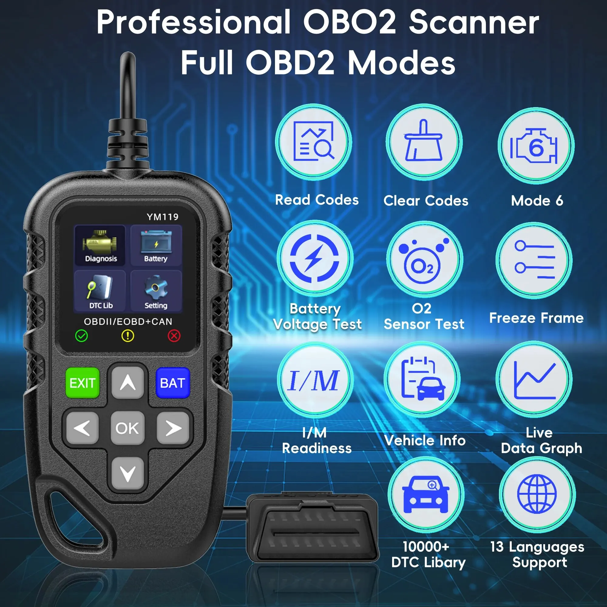 OBD2 Scanner with Battery Test,OBDII/EOBD Scanner Diagnostic Tool Car Code Reader CAN Scan Tool, Engine Fault Code Reader