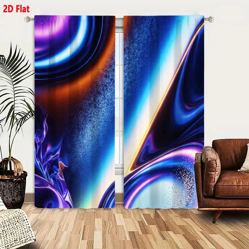 2Pcs Curtains 2D Flat Abstract Fluid - Like Artwork Vibrant Iridescent Colors Swirling Shapes Purple Blue Orange Glowing Lines S