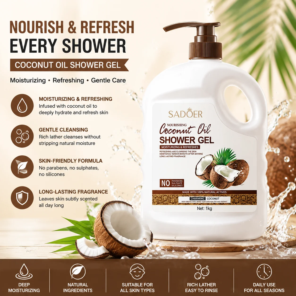 Coconut bath oil shower gel moisturizes improves dryness peeling, soothes and nourishes, leaving a refreshing and fragrant scent