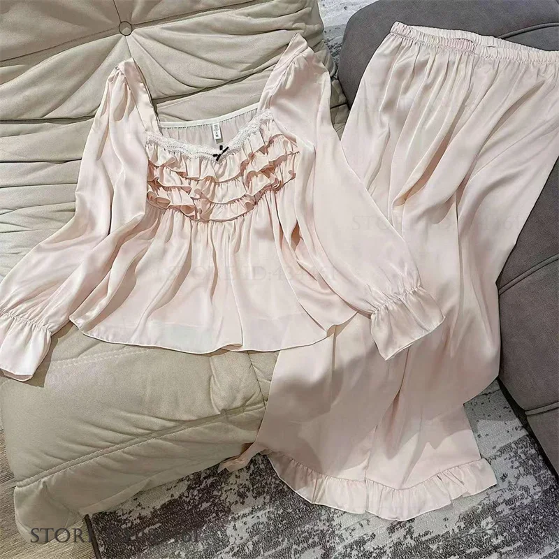 

Пижама принцессы во французском стиле в стиле ретро, милый женский шелковистый атласный пижамный комплект из 2 предметов, домашняя одежда, брючный костюм, домашняя одежда, одежда для сна